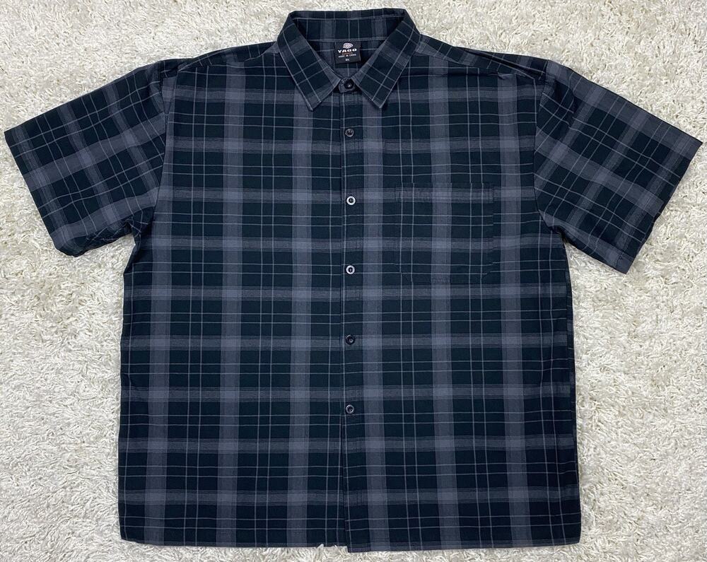 YAGO Men's Size 3XL Black Gray Plaid Short Sleeve Button-Up Shirt Chest Pocket